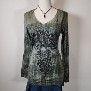 Greensource Women's Olive Green Long Sleeve Embellished V-Neck‎ Top S
